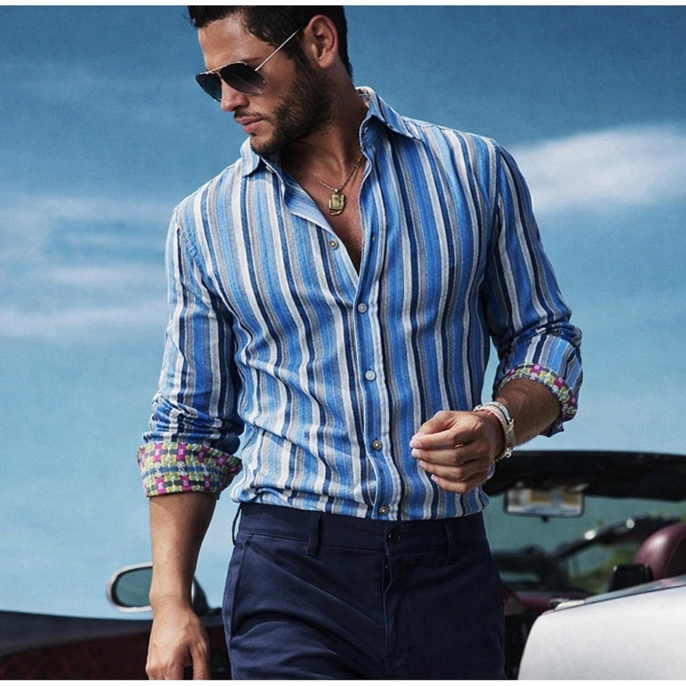 Robert Graham Blue Striped Shirt Mens L Cotton Silk Cuff Detail $375
